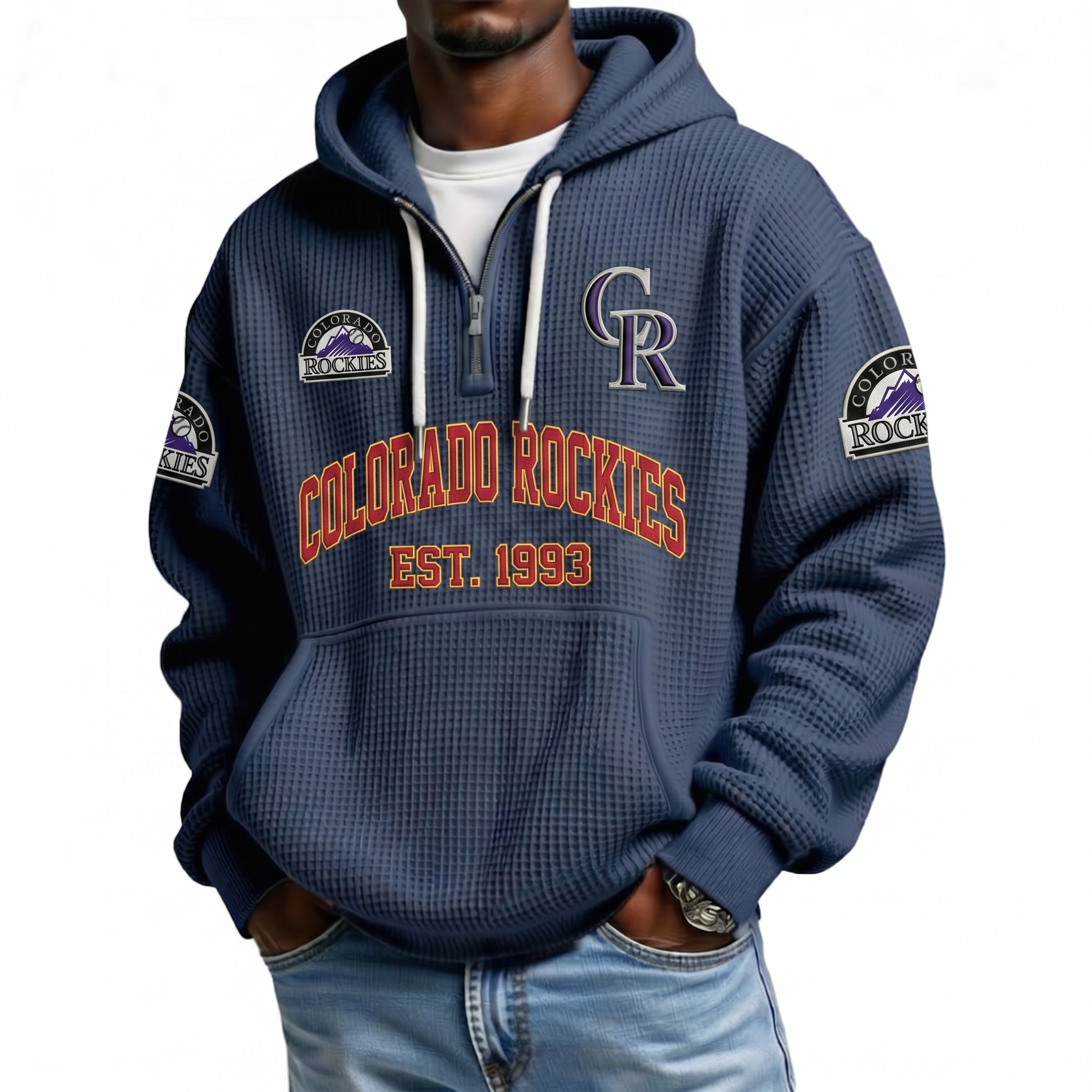 Colorado Rockies EST 1993 Printed Waffle Quarter Zip Baseball Fan Hoodie