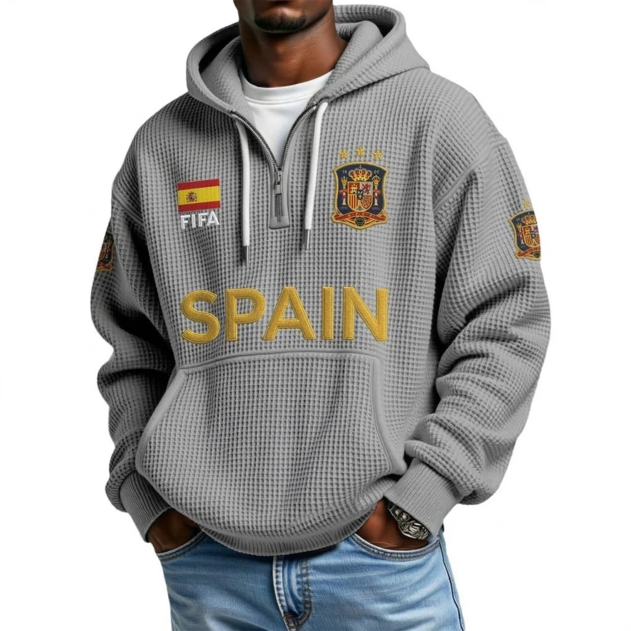 FIFA 2026 Spain Printed Waffle Quarter Zip Football Fan Hoodie