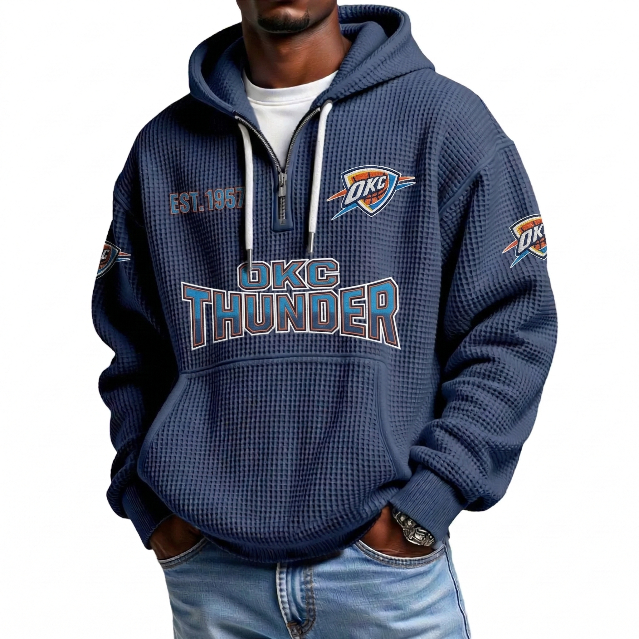 Oklahoma City Thunder EST 1967 Printed Waffle Quarter Zip Basketball Fan Hoodie