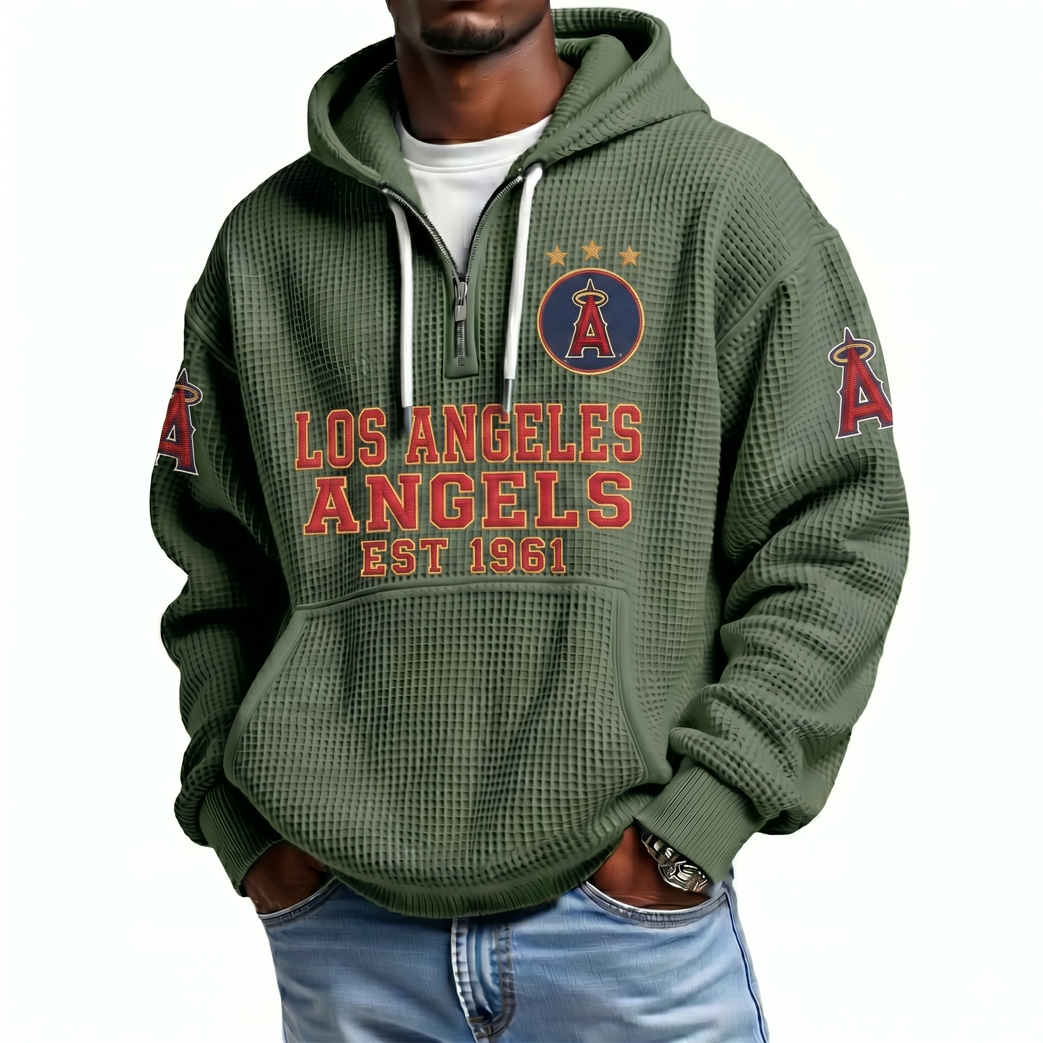 Los Angeles Angels EST 1961 Printed Waffle Quarter Zip Baseball Fan Hoodie