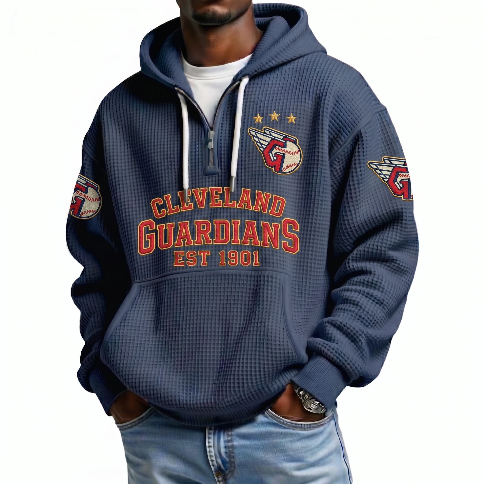 Cleveland Guardians EST 1901 Printed Waffle Quarter Zip Baseball Fan Hoodie