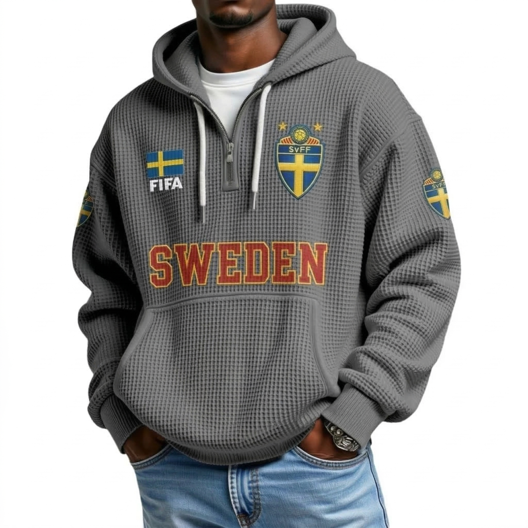 FIFA 2026 Sweden Printed Waffle Quarter Zip Football Fan Hoodie