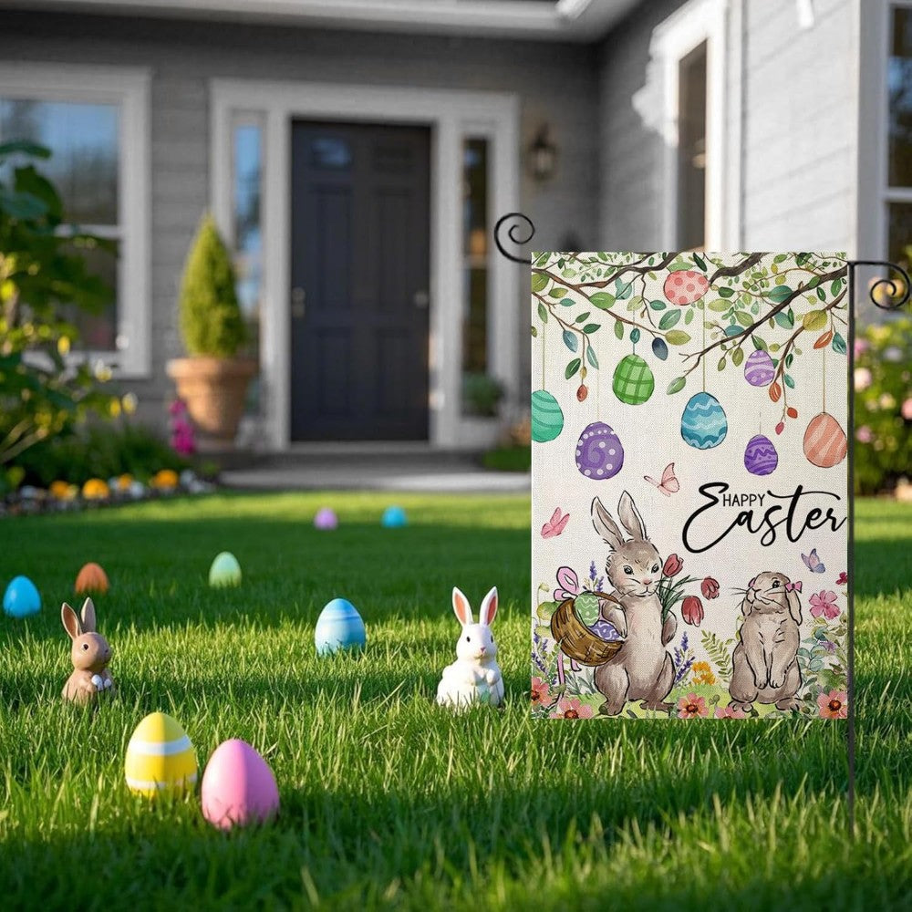 Happy Easter Bunny Garden Flag displayed outdoors on garden stake