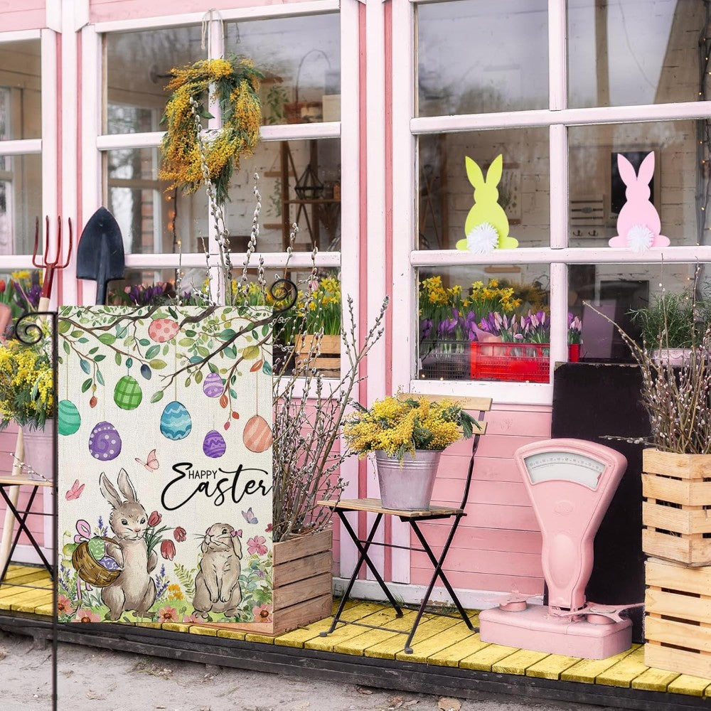 Happy Easter Bunny Garden Flag in garden yard setting