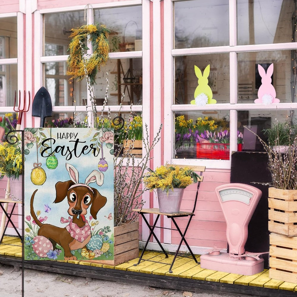 Happy Easter Dachshund Garden Flag in garden yard setting