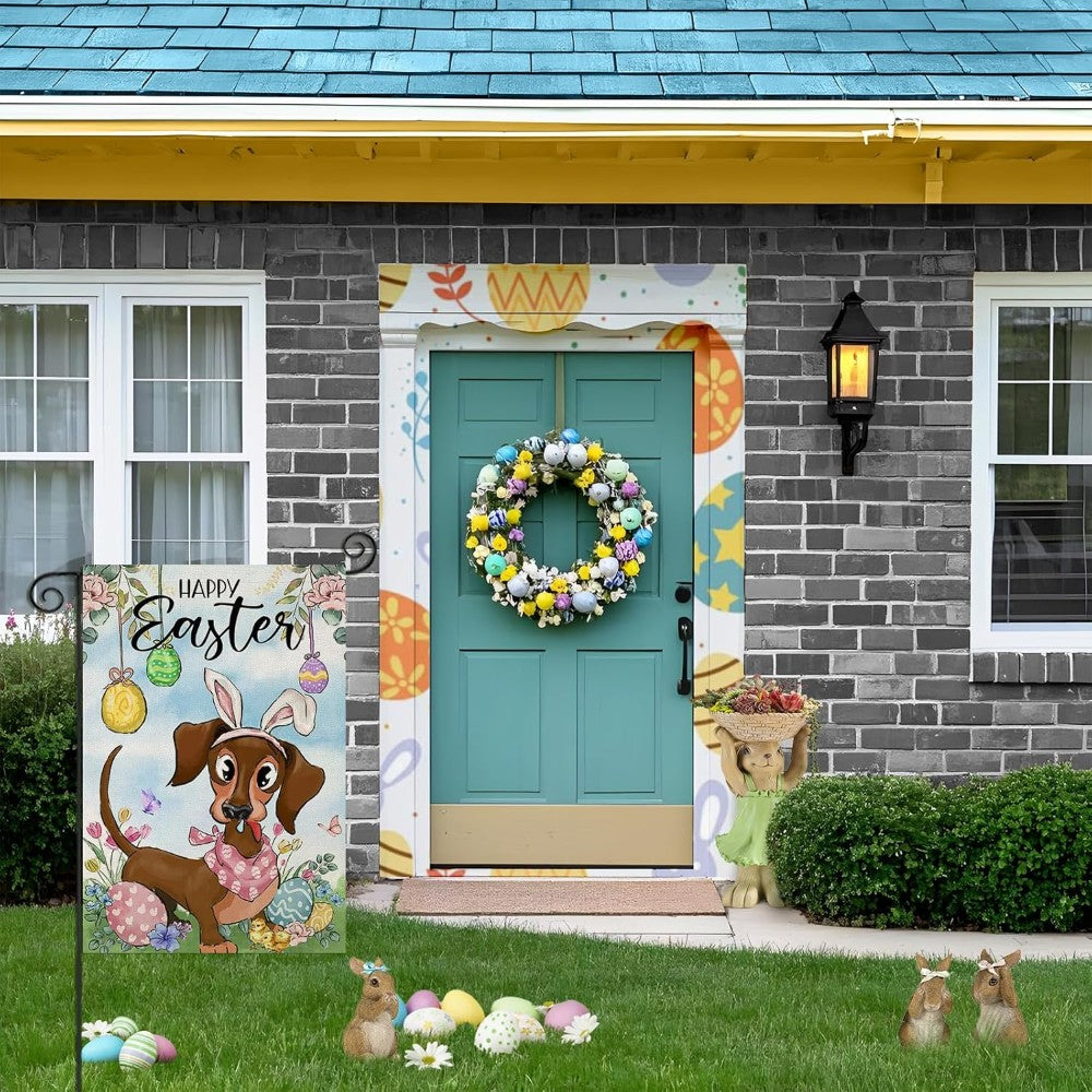 Happy Easter Dachshund Garden Flag fabric detail and color accuracy