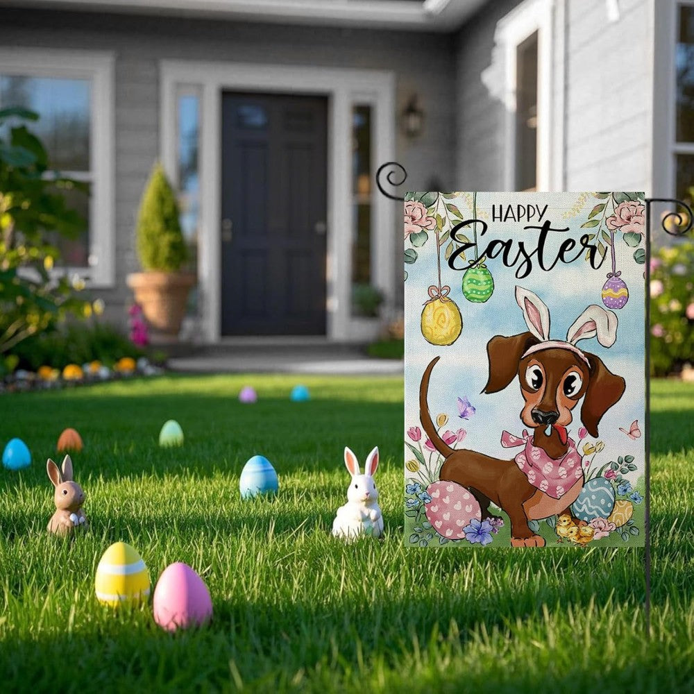 Happy Easter Dachshund Garden Flag size reference showing 12x18 inch dimensions