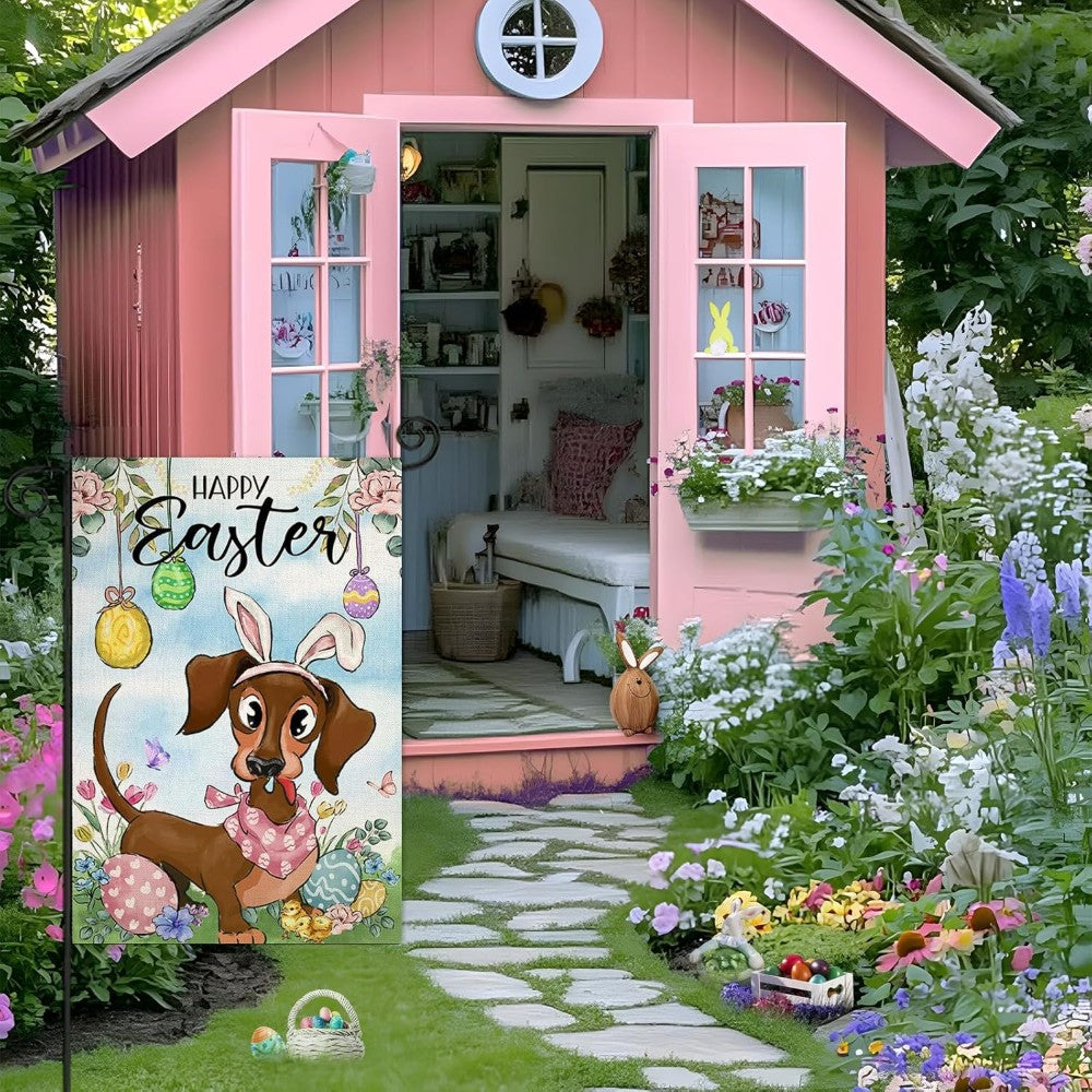 Happy Easter Dachshund Garden Flag - product view on white background