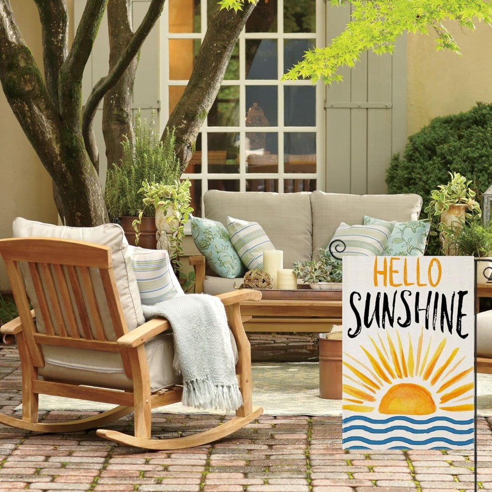 Hello Sunshine Printed Outdoor Decor Summer Garden Flag close-up showing double-sided print quality
