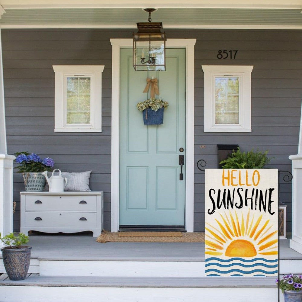 Hello Sunshine Printed Outdoor Decor Summer Garden Flag in garden yard setting