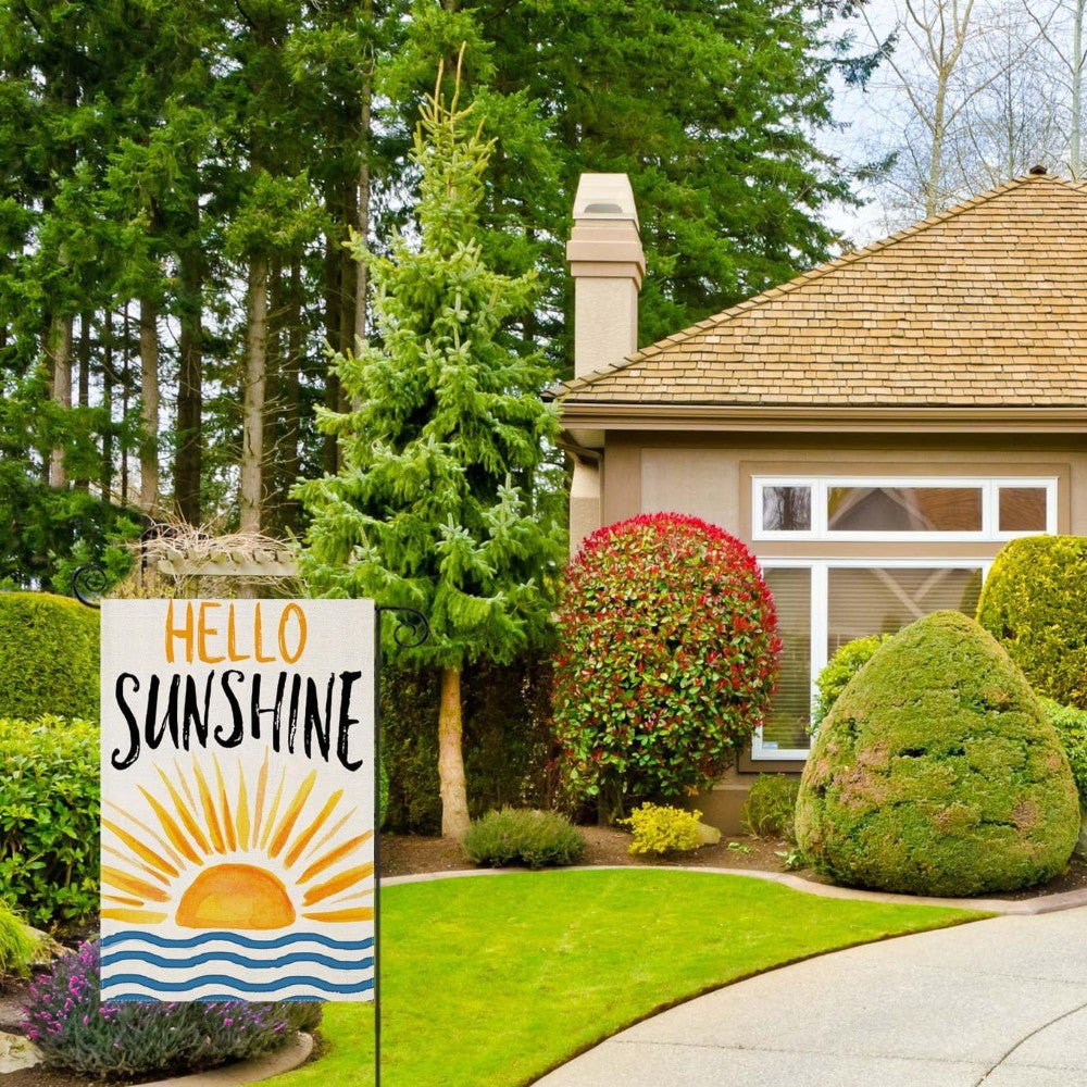 Hello Sunshine Printed Outdoor Decor Summer Garden Flag displayed outdoors on garden stake