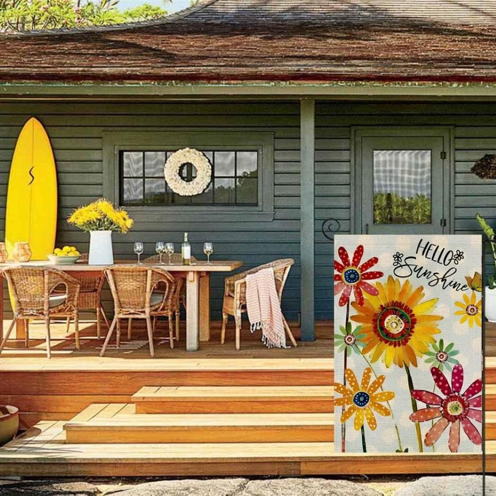 Sunflower Printed Garden Flag in garden yard setting