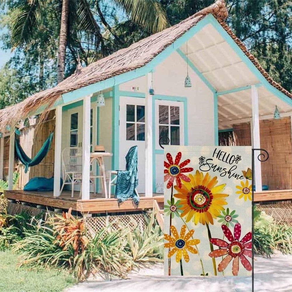 Sunflower Printed Garden Flag displayed outdoors on garden stake