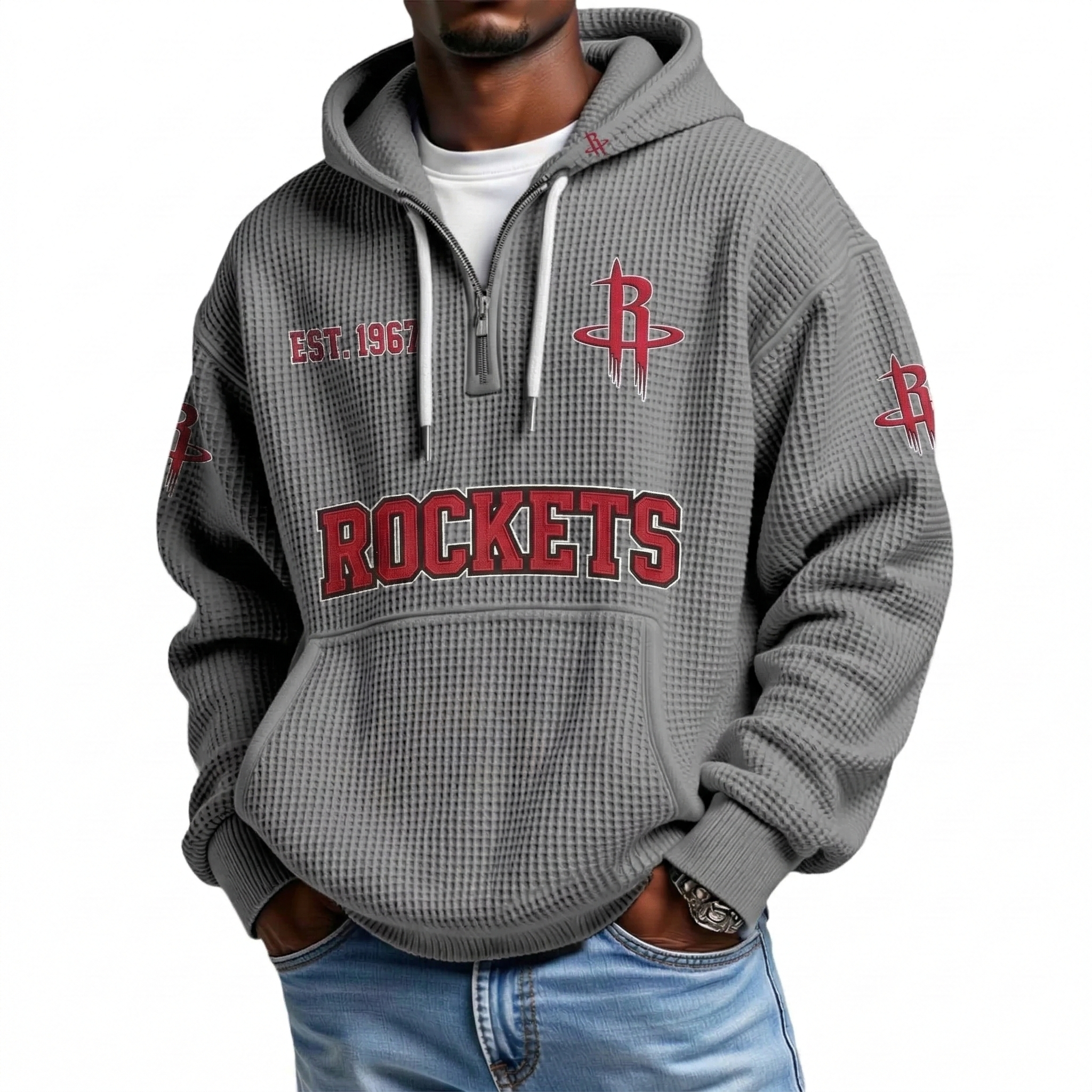 Houston Rockets EST 1967 Printed Waffle Quarter Zip Basketball Fan Hoodie