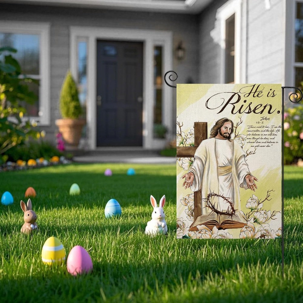 Jesus With Cross He Is Risen Small Printed Easter Garden Flag fabric detail and color accuracy