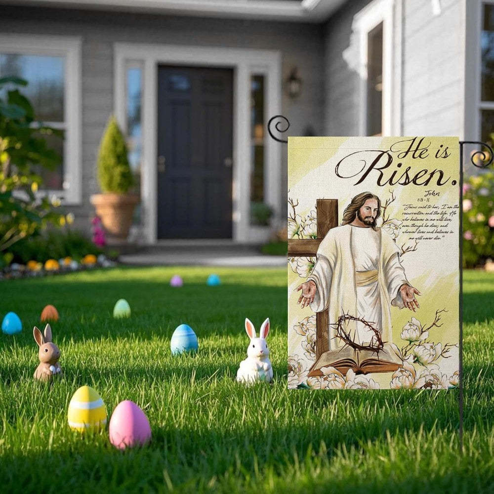 Jesus With Cross He Is Risen Small Printed Easter Garden Flag-Globe Flags