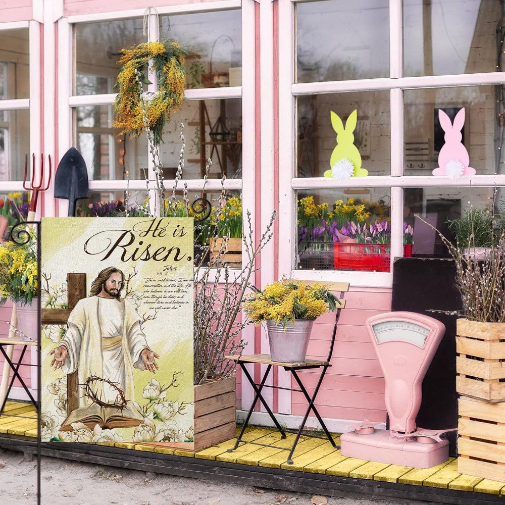 Jesus With Cross He Is Risen Small Printed Easter Garden Flag close-up showing double-sided print quality
