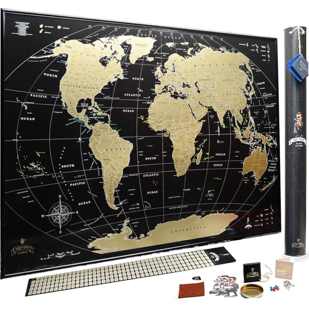 Large Scratch Off World Travel Map-Globe Flags