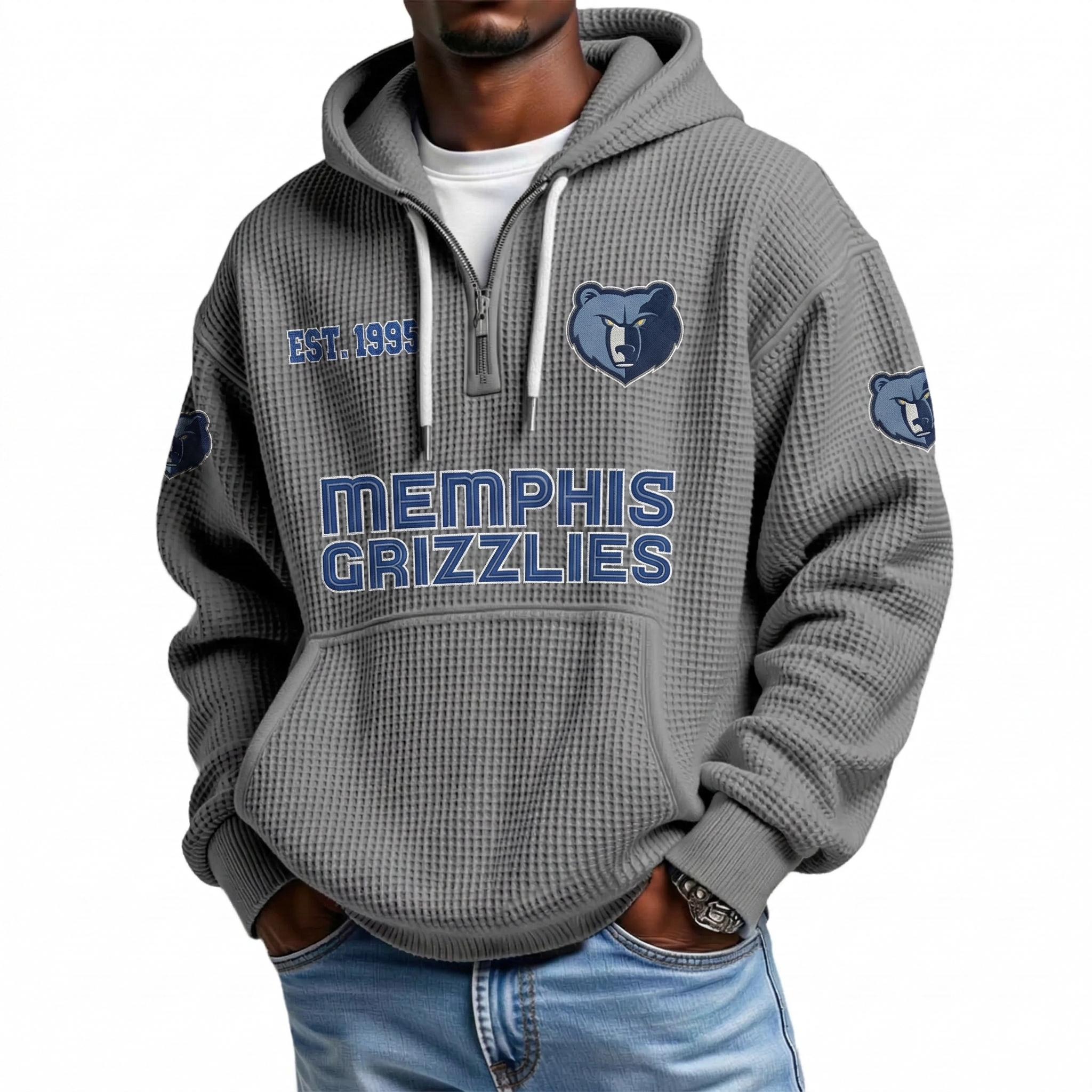 Memphis Grizzlies EST 1995 Printed Waffle Quarter Zip Basketball Fan Hoodie
