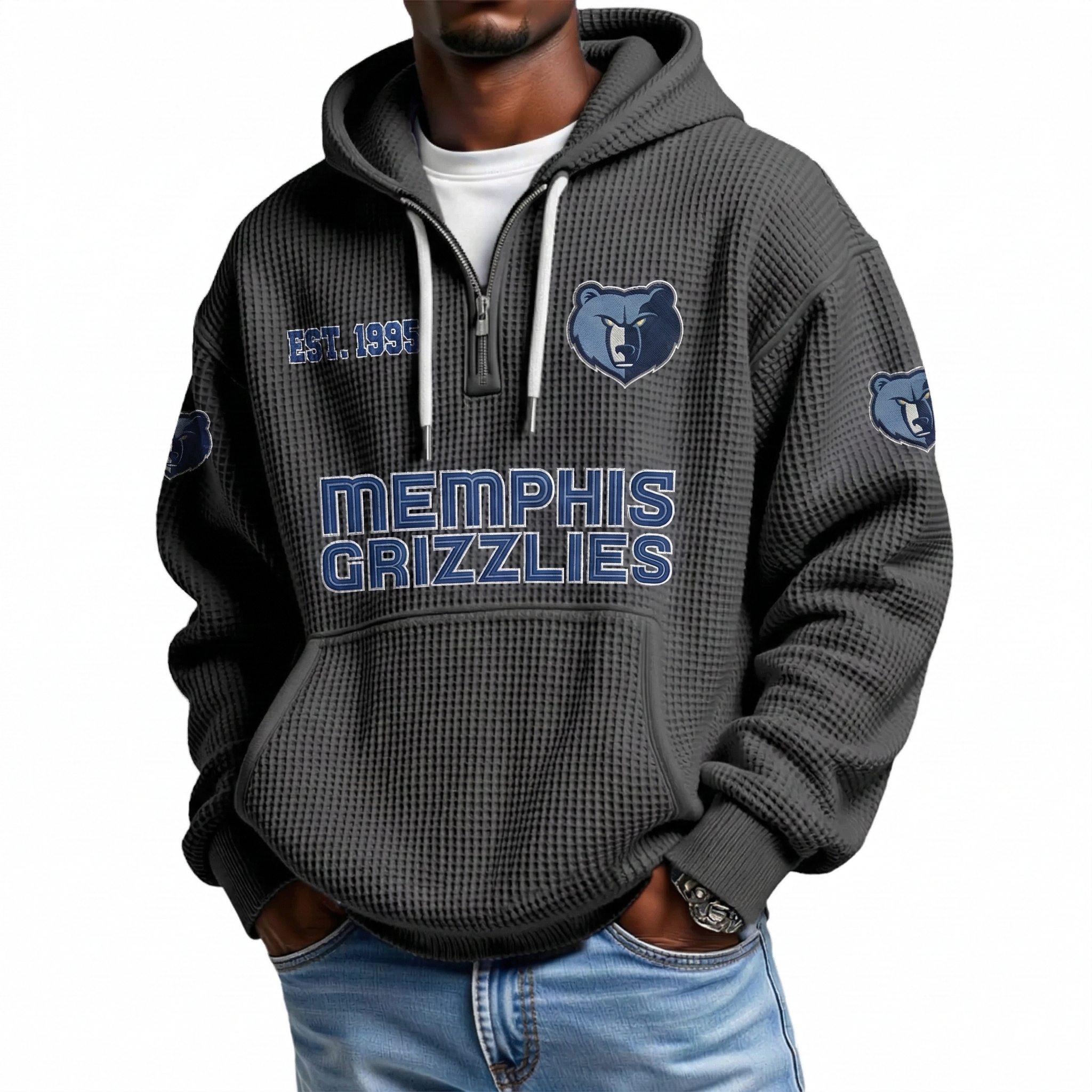 Memphis Grizzlies EST 1995 Printed Waffle Quarter Zip Basketball Fan Hoodie