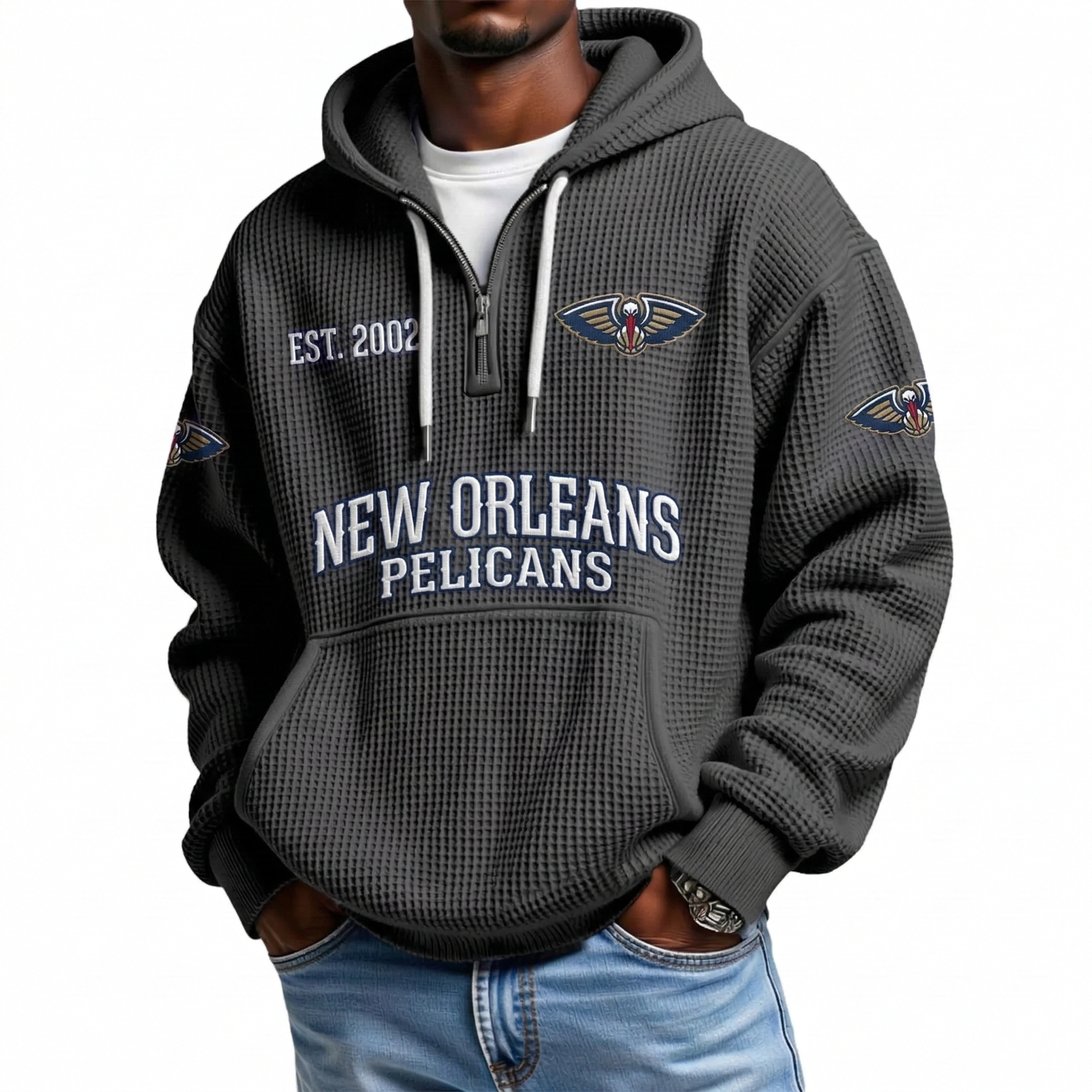 New Orleans Pelicans EST 2002 Printed Waffle Quarter Zip Basketball Fan Hoodie