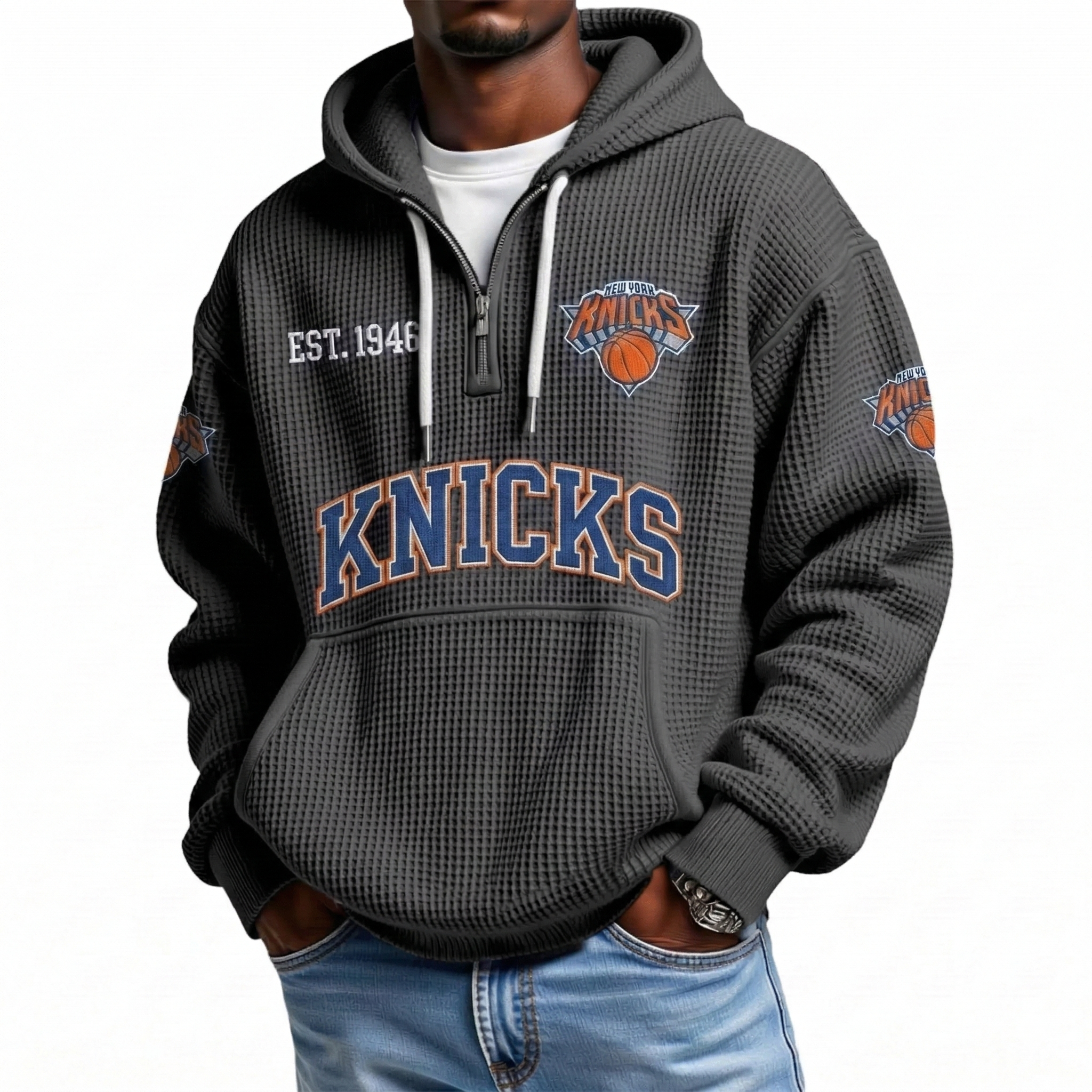 New York Knicks New York EST 1946 Printed Waffle Quarter Zip Basketball Fan Hoodie