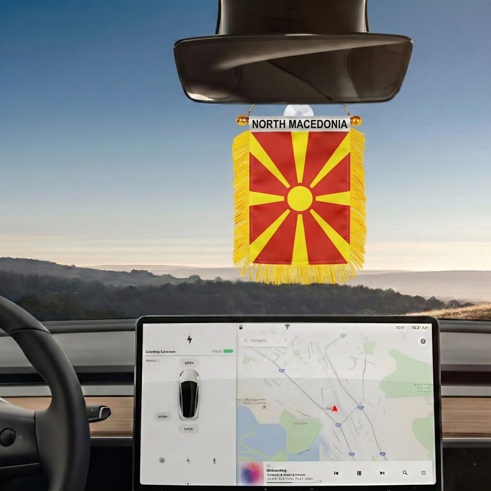 Official FIFA 2026 North Macedonia Car Window Mini Decorative Flag mount hardware close-up