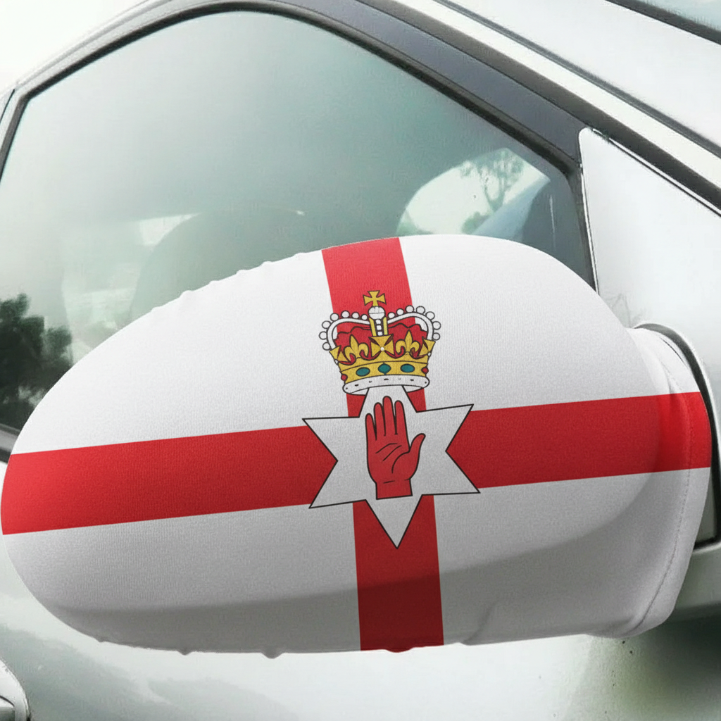 Official FIFA 2026 Northern Ireland Car Mirror Flag on vehicle mirror while parked