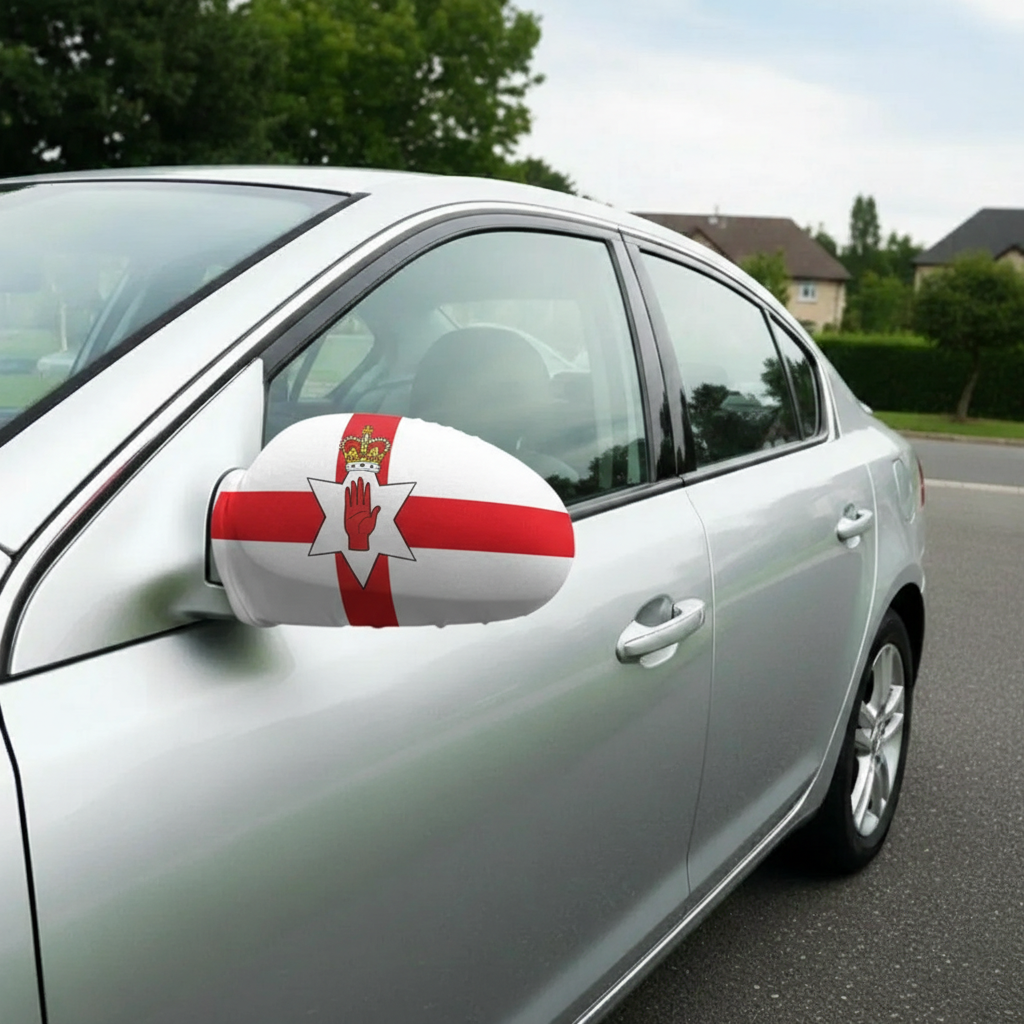 Official FIFA 2026 Northern Ireland Car Mirror Flag attached to car side mirror