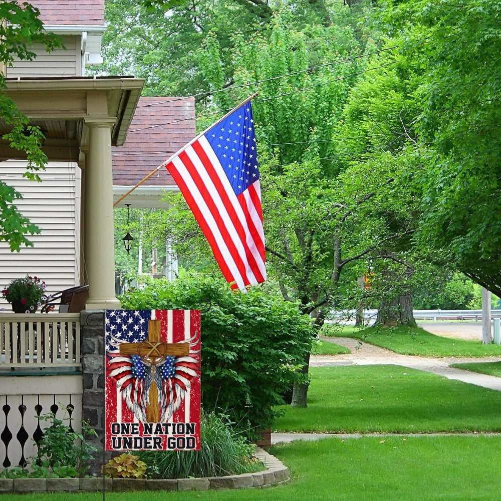 One Nation Under God Printed Garden Flag displayed outdoors on garden stake
