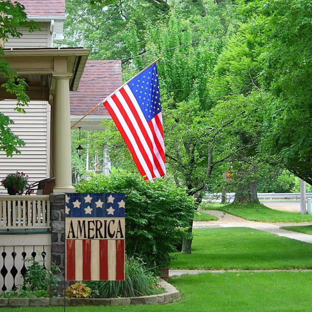 Patriotic America Printed Garden Flag displayed outdoors on garden stake