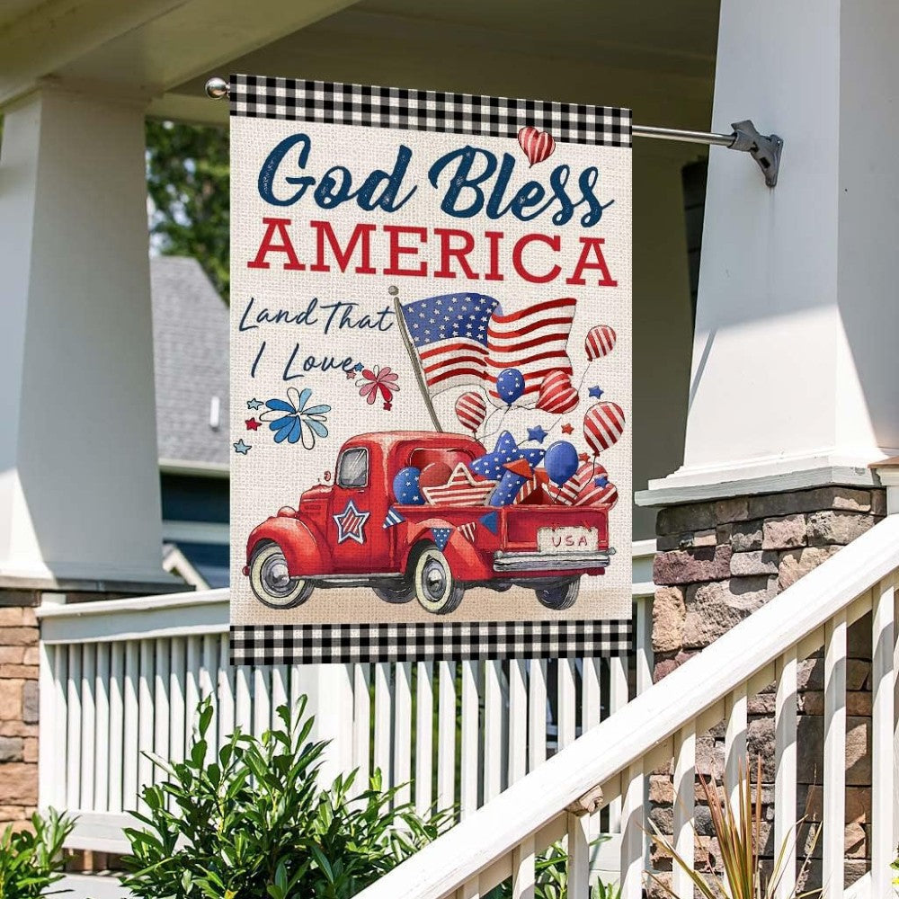 American Truck With Flags Printed Of House Flag flying on outdoor flagpole