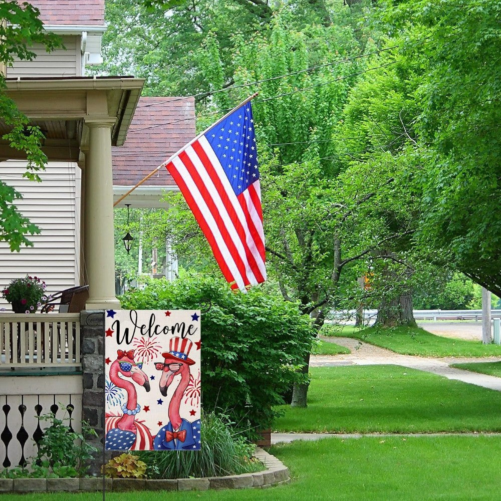 Patriotic Flamingo Printed Garden Flag displayed outdoors on garden stake