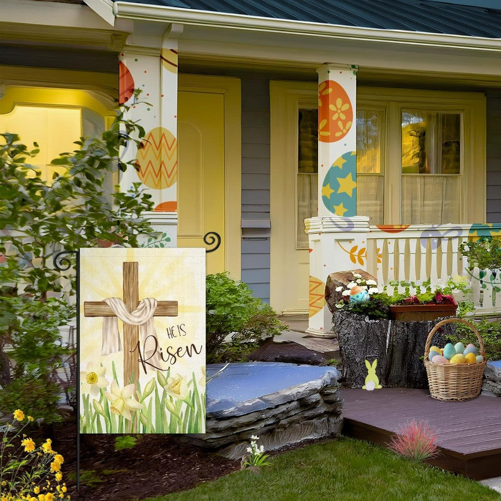 Religious With Narcissus Easter Cross Garden Flag displayed outdoors on garden stake