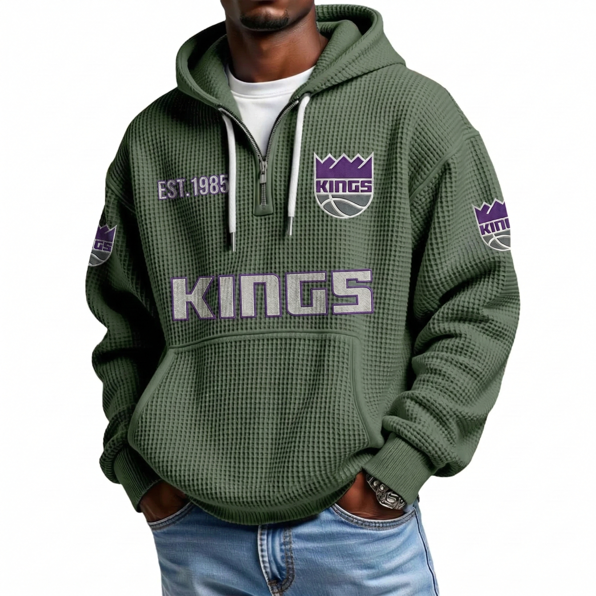Sacramento Kings EST 1948 Printed Waffle Quarter Zip Basketball Fan Hoodie