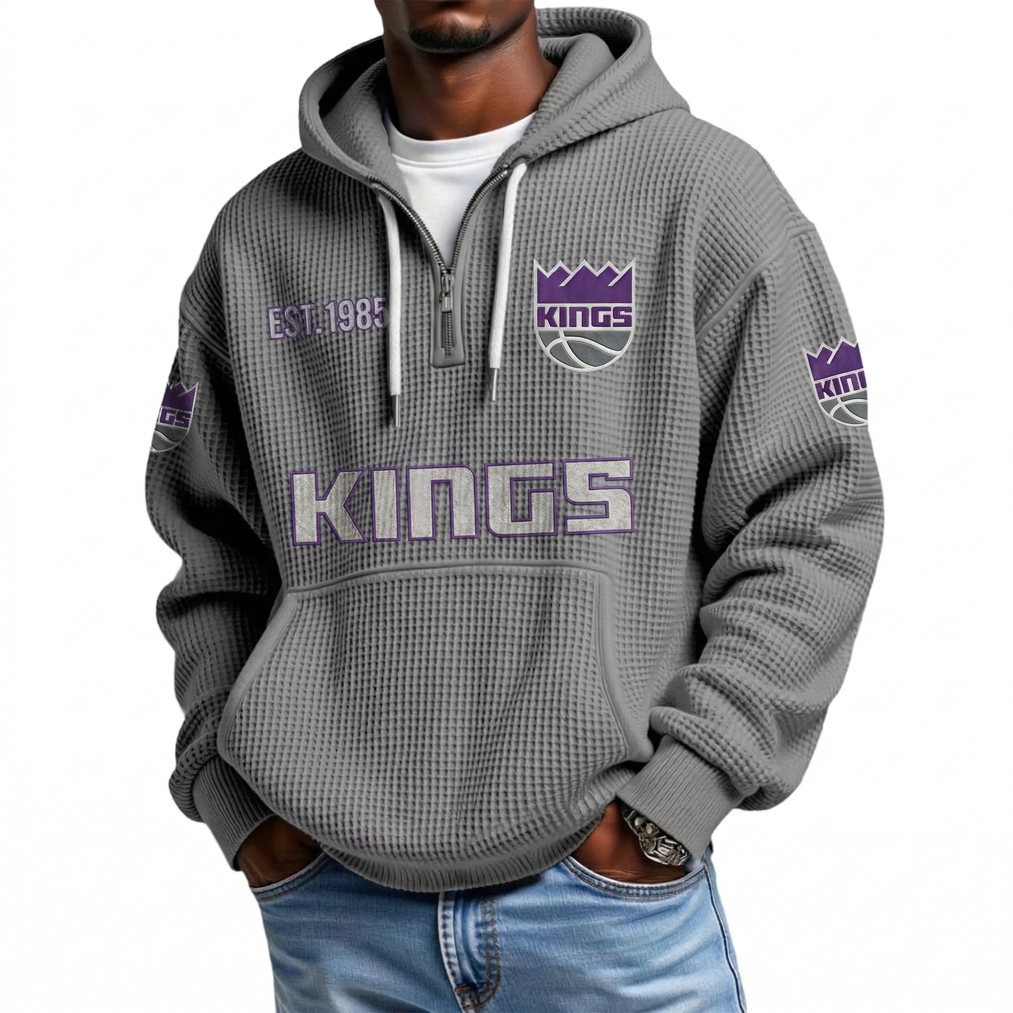 Sacramento Kings EST 1948 Printed Waffle Quarter Zip Basketball Fan Hoodie