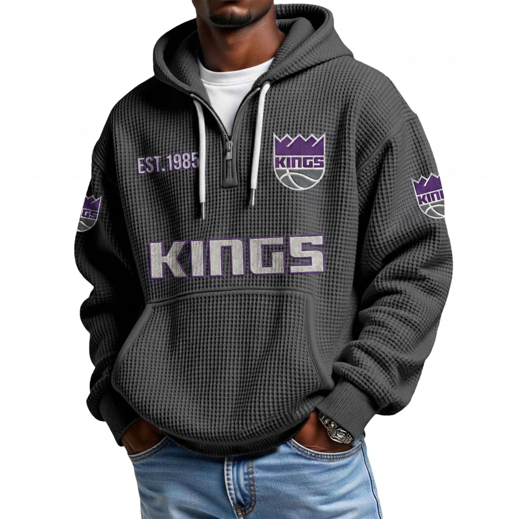 Sacramento Kings EST 1948 Printed Waffle Quarter Zip Basketball Fan Hoodie