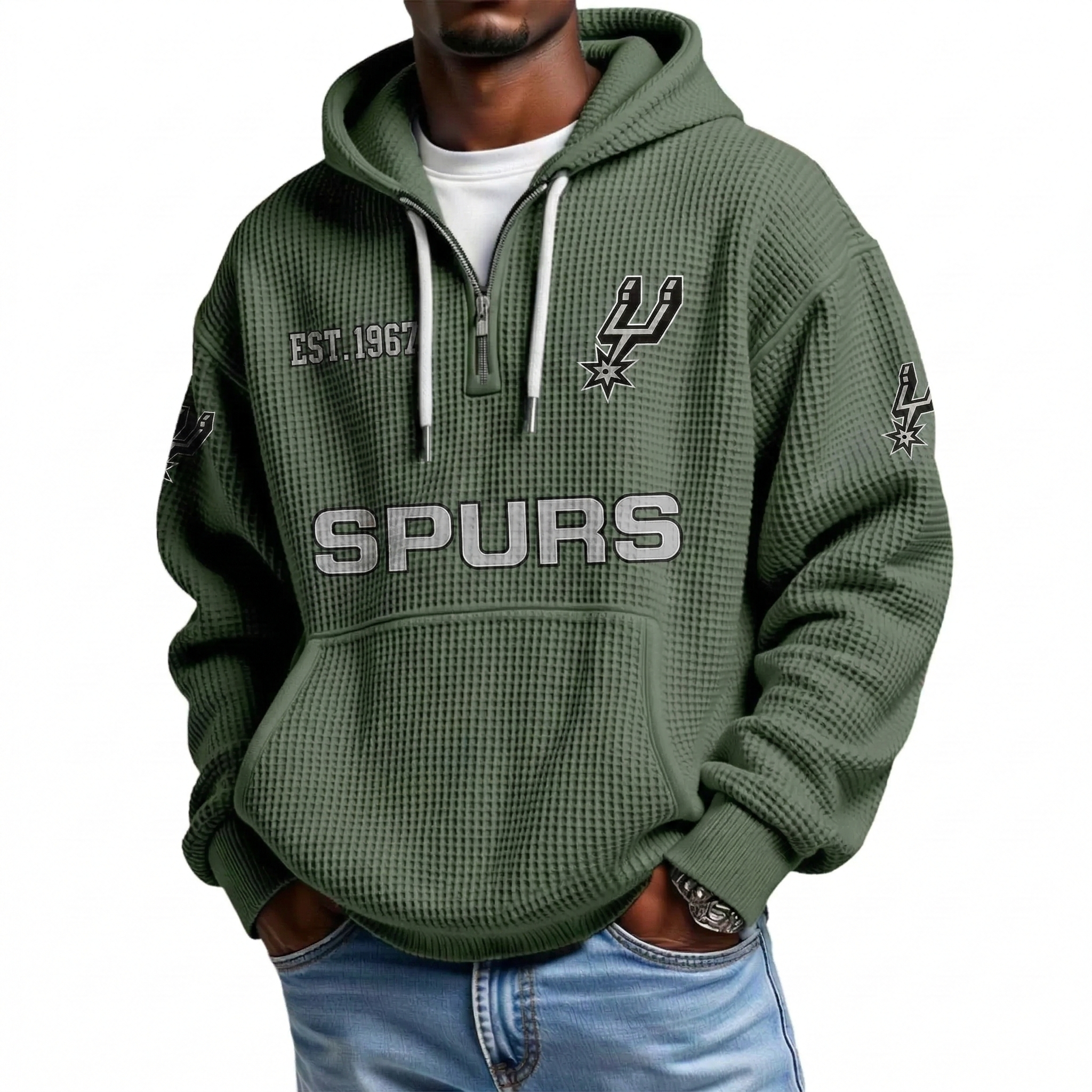San Antonio Spurs EST 1967 Printed Waffle Quarter Zip Basketball Fan Hoodie