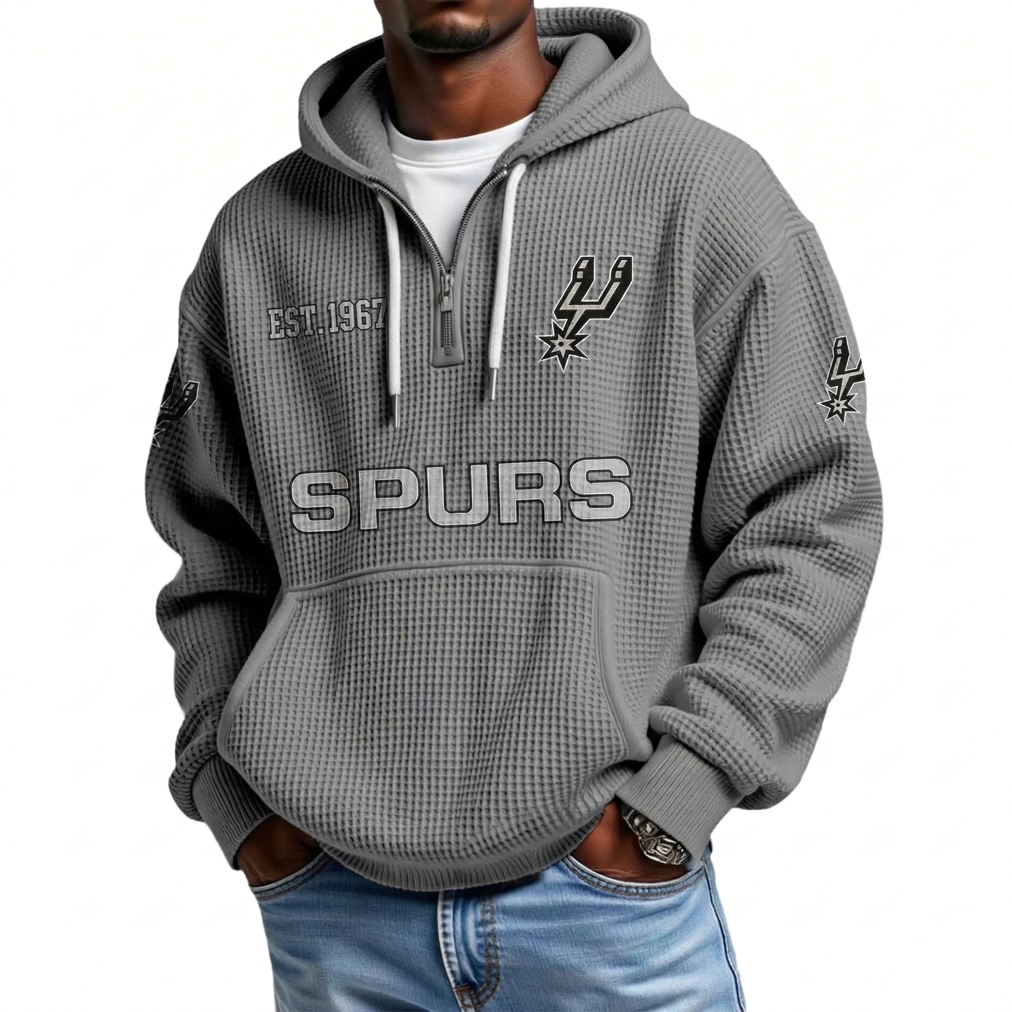 San Antonio Spurs EST 1967 Printed Waffle Quarter Zip Basketball Fan Hoodie