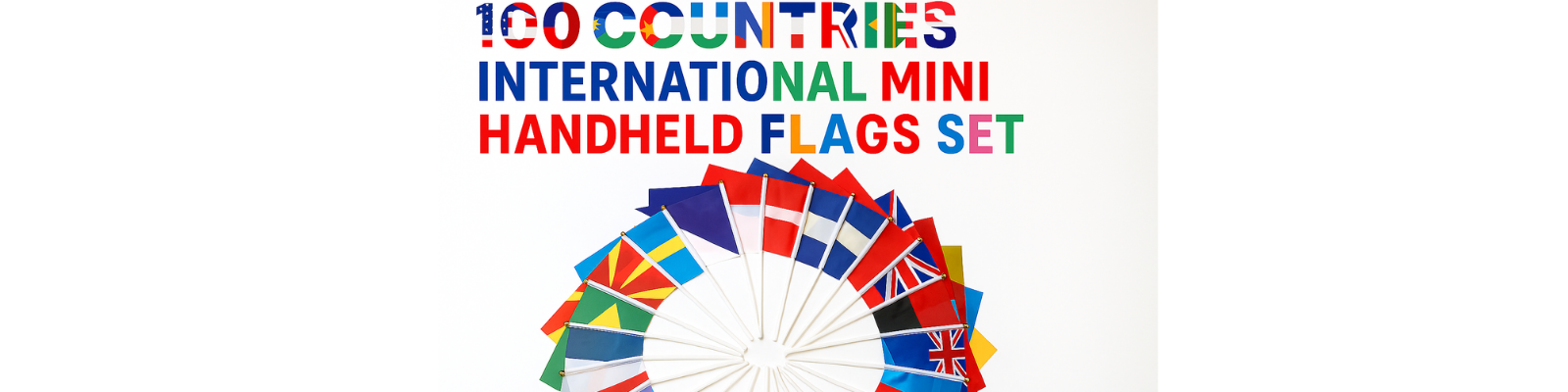 Assorted mini handheld flags representing 100 countries, featuring vibrant colors and durable fabric, ideal for educational and cultural displays.