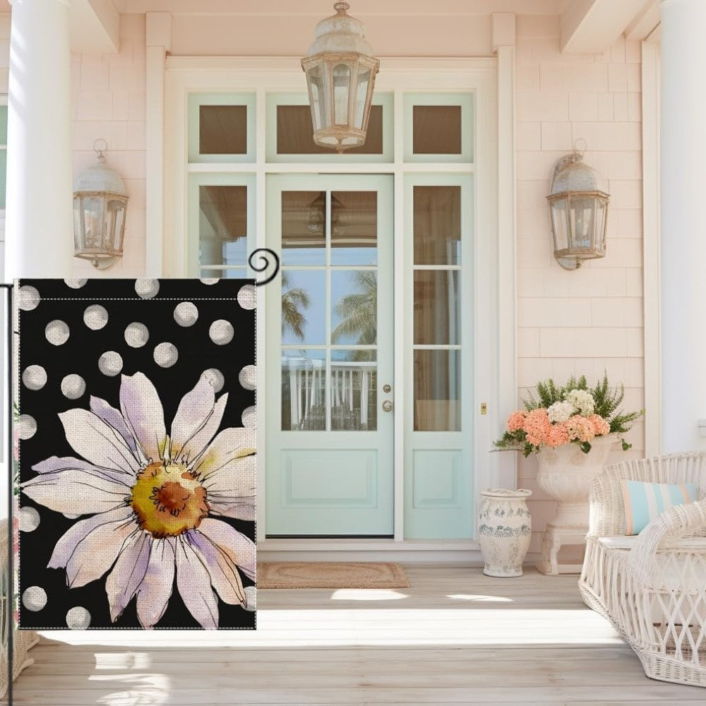 Spring Printed Watercolor Daisy Garden Flag displayed outdoors on garden stake