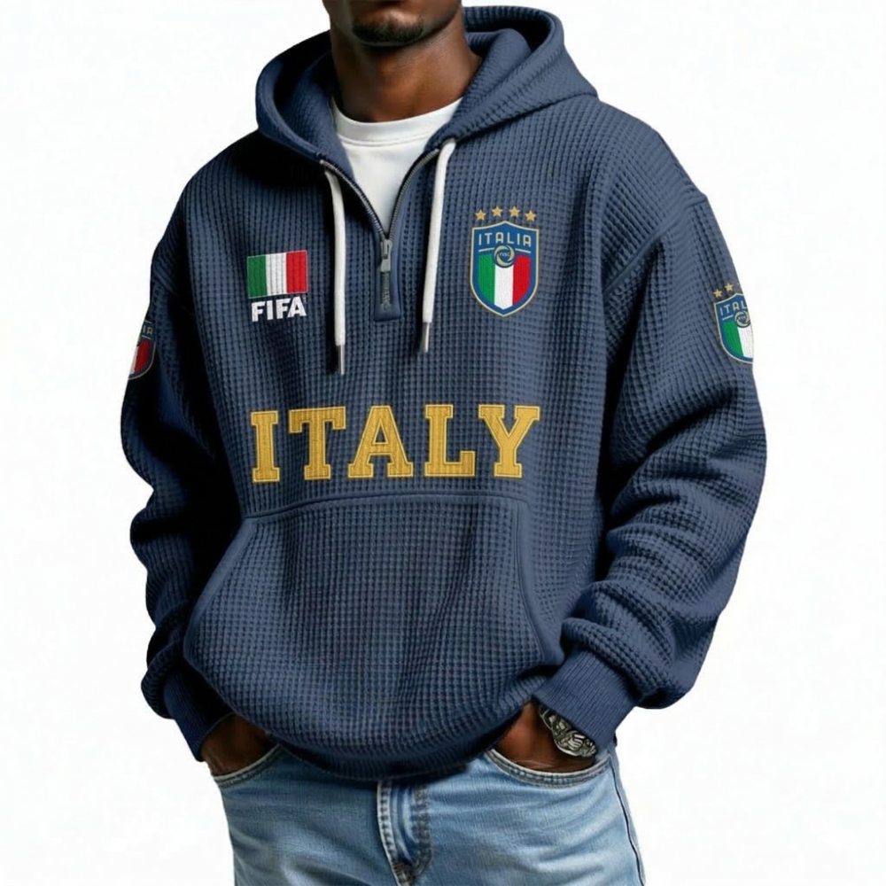 FIFA 2026 Italy Printed Waffle Quarter Zip Football Fan Hoodie