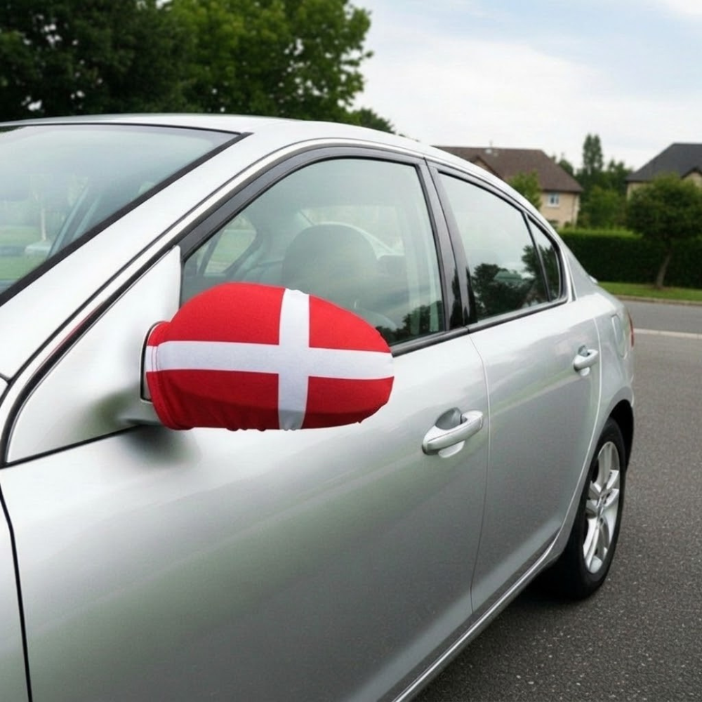 Official FIFA 2026 Denmark Car Mirror Flag attached to car side mirror