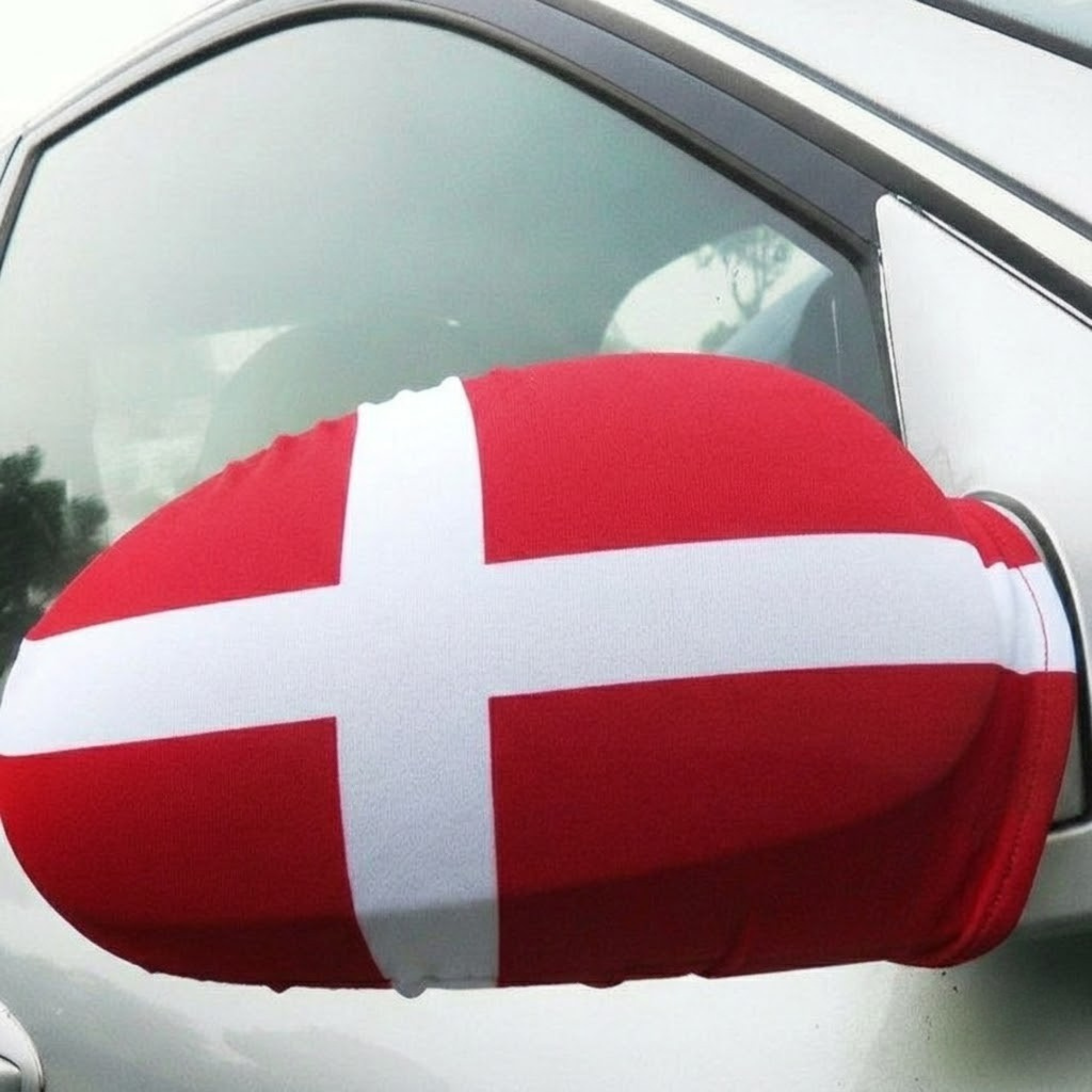 Official FIFA 2026 Denmark Car Mirror Flag on vehicle mirror while parked