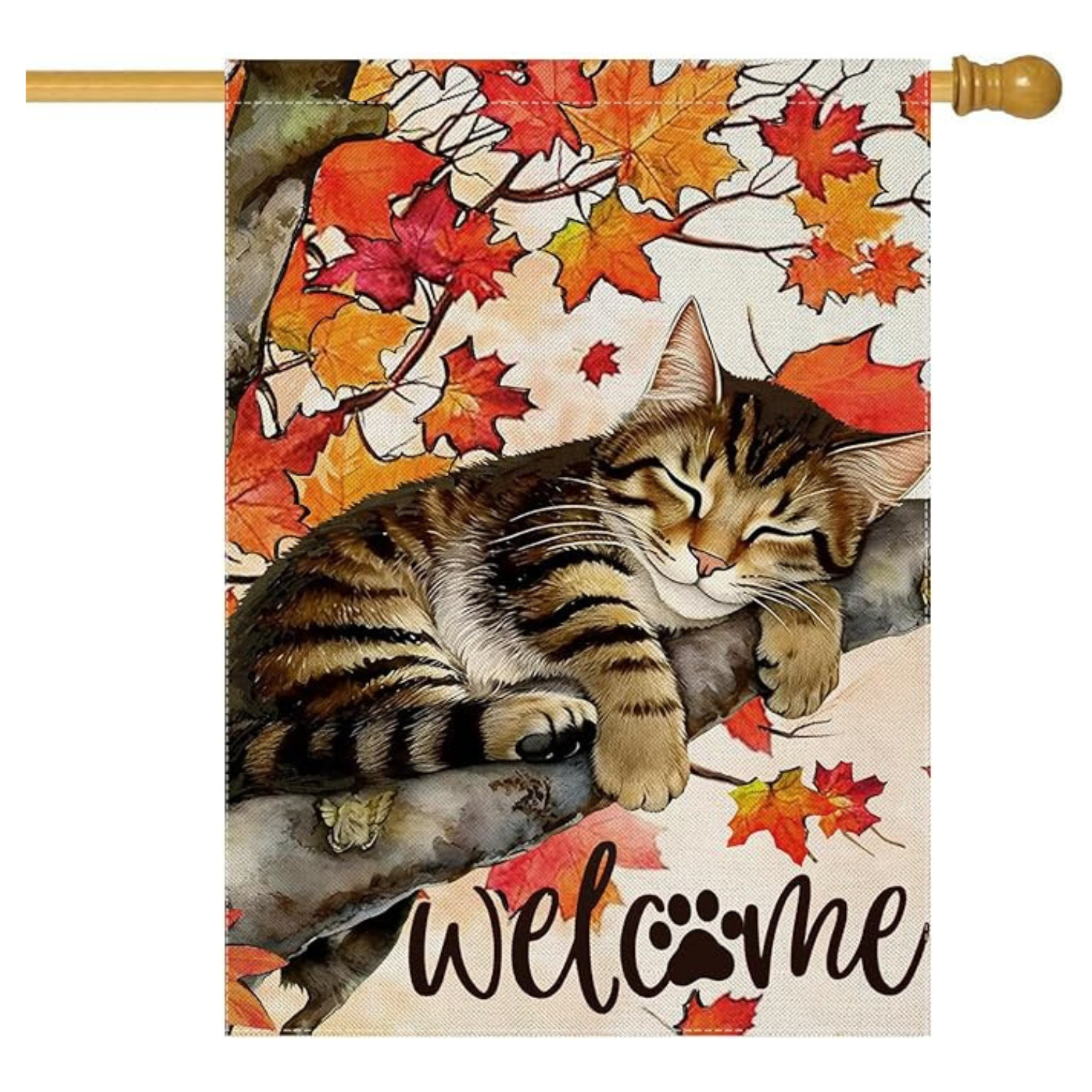 Decorative Fall Garden Flag With Cozy Cat Design displayed outdoors on garden stake