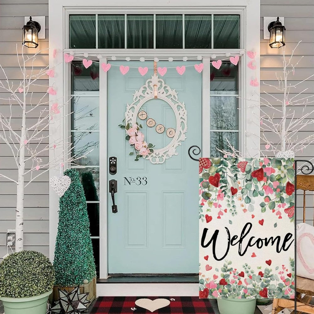 Valentine Day Floral Garden Flag displayed outdoors on garden stake