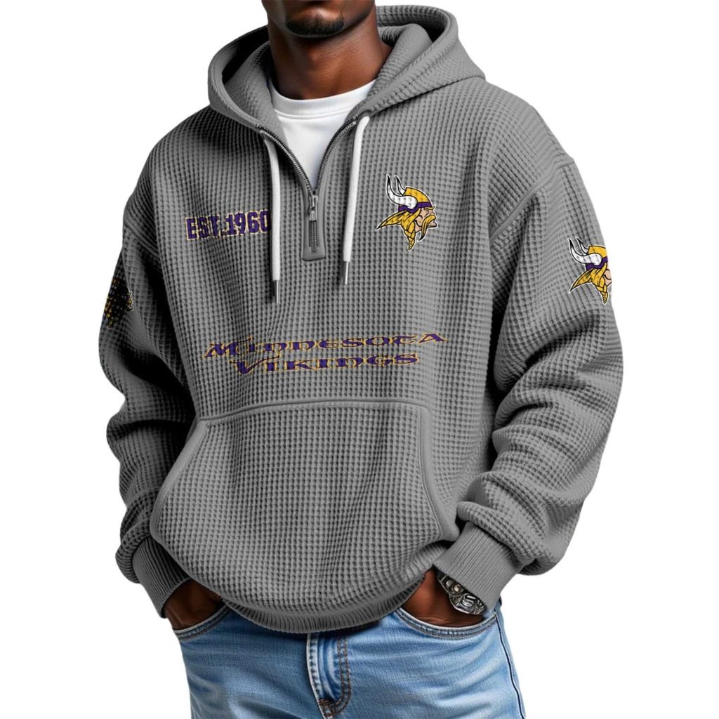 Minnesota Vikings Football Team Themed Hoodie With Quarter Zip And Classic EST 1960 Logo