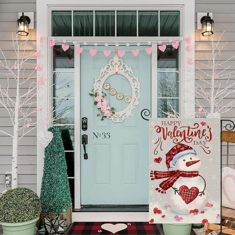 Snowman Happy Valentines Day Printed Garden Flag displayed outdoors on garden stake