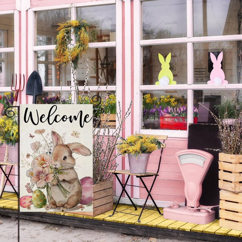 Welcome Easter Bunny Themed Garden Flag displayed outdoors on garden stake