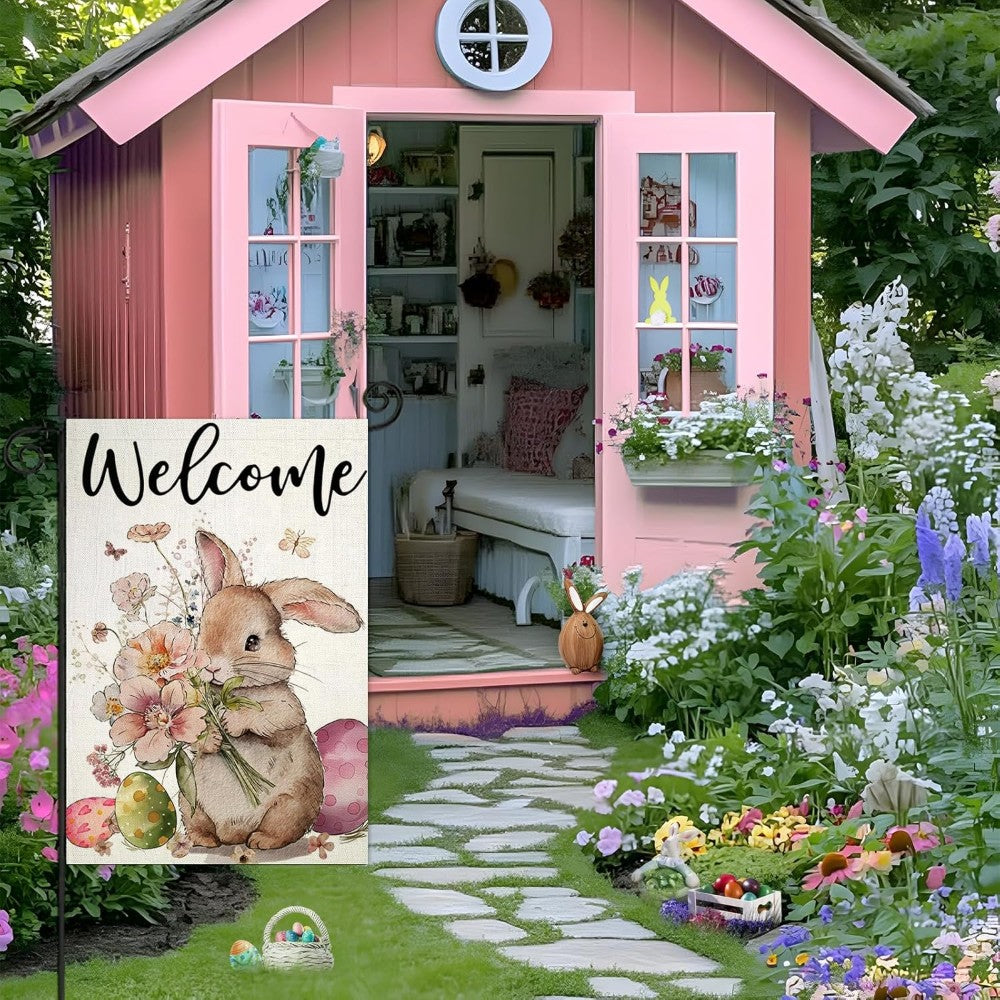 Welcome Easter Bunny Themed Garden Flag close-up showing double-sided print quality